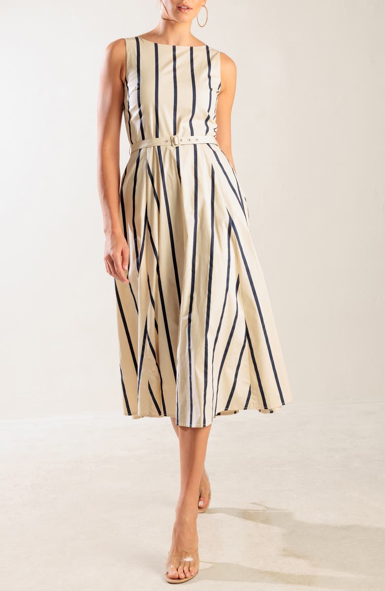 FREEMARKET Stripe Sleeveless Belted Cotton Midi Dress, Alternate, color, Ecru/ Navy