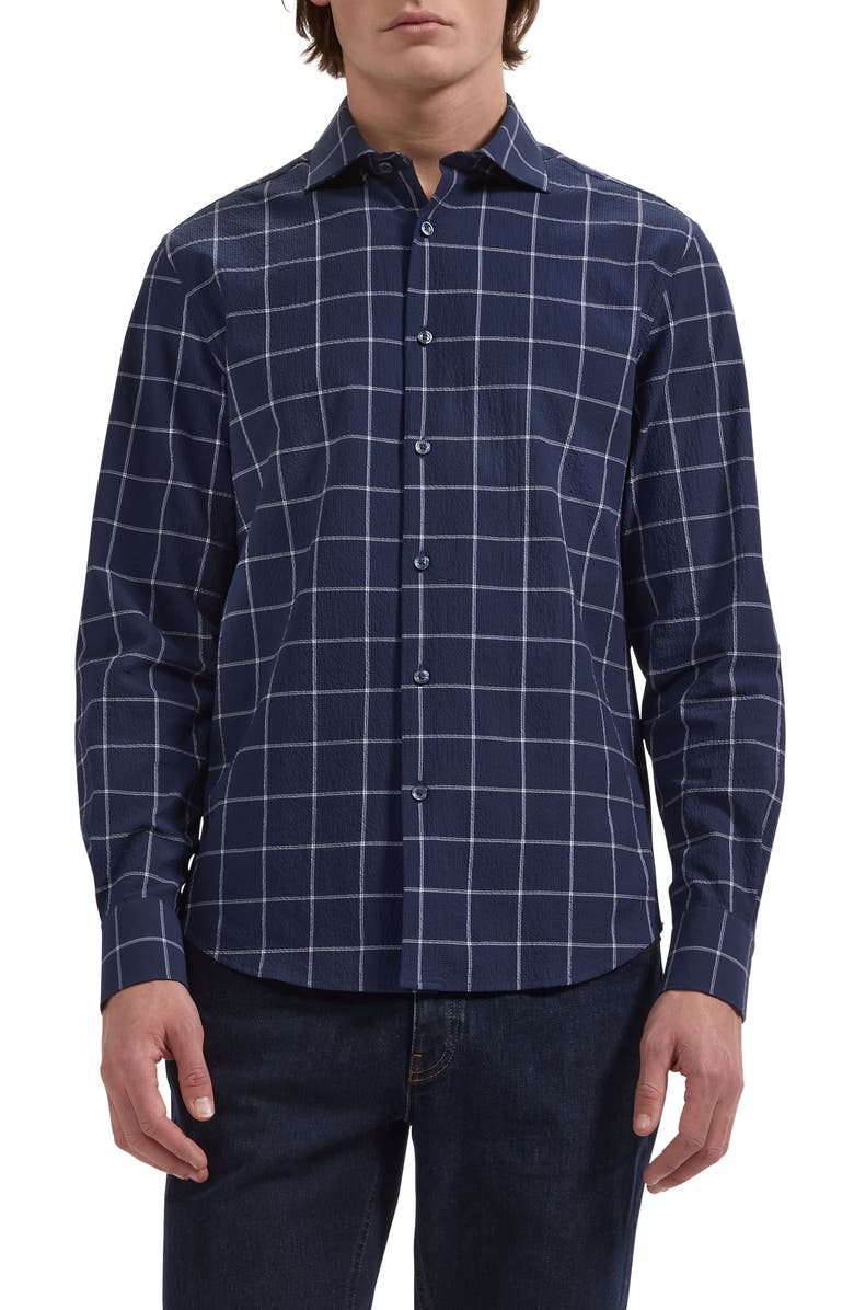 Bugatchi Axel Shaped Fit Stretch Cotton Button-Up Shirt, Main, color, Navy