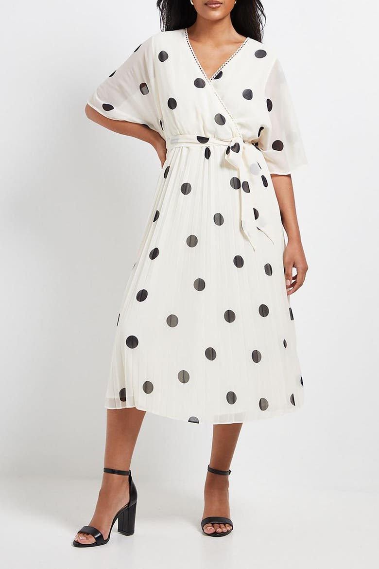 Petite Spot Pleated Midi Dress, Alternate, color, Ivory