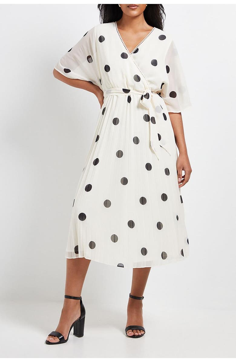 Wallis Petite Spot Pleated Midi Dress, Alternate, color, Ivory