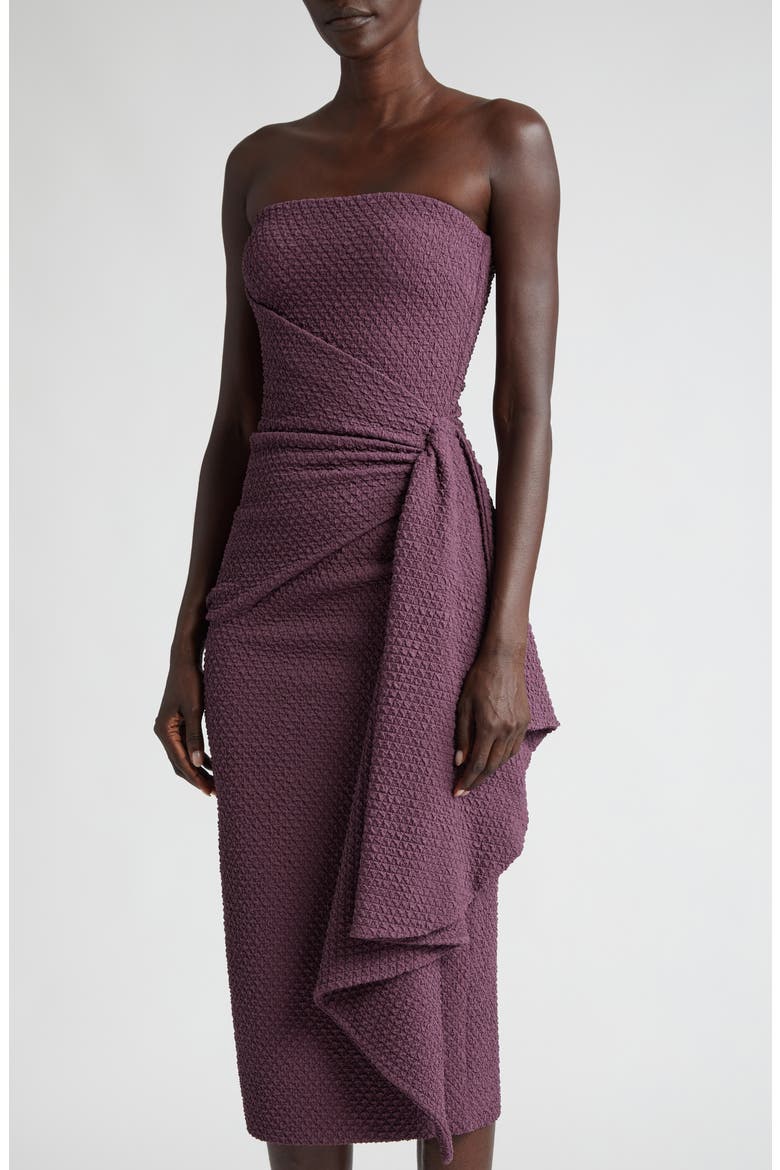 Airi Strapless Cloqué Faux Wrap Midi Dress, Alternate, color, 65683 PLUM