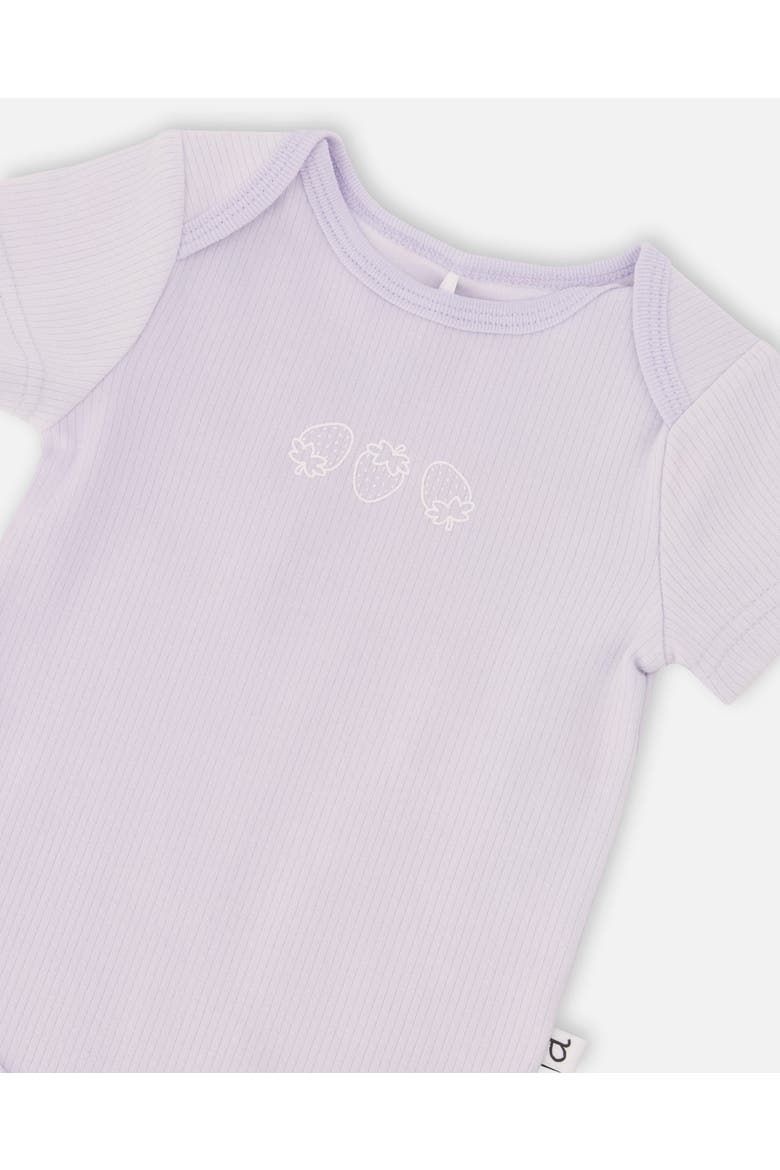Evolutive Cotton Rib Jersey Printed Strawberries Bodysuit, Alternate, color, Lilac