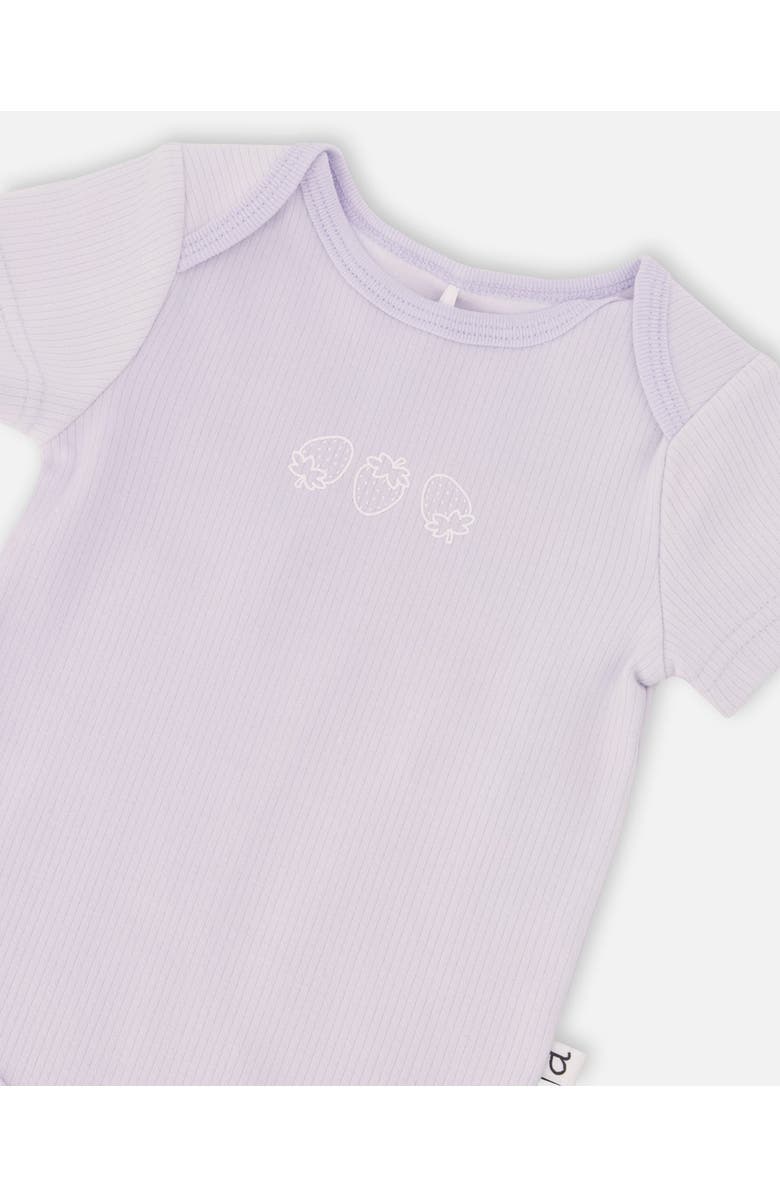 Deux par Deux Evolutive Cotton Rib Jersey Printed Strawberries Bodysuit, Alternate, color, Lilac