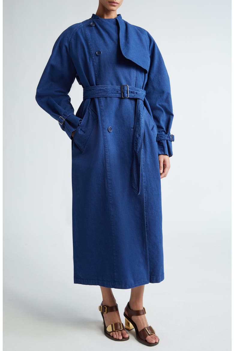 Calao Cape Effect Cotton Denim Trench Coat, Main, color, NAVY
