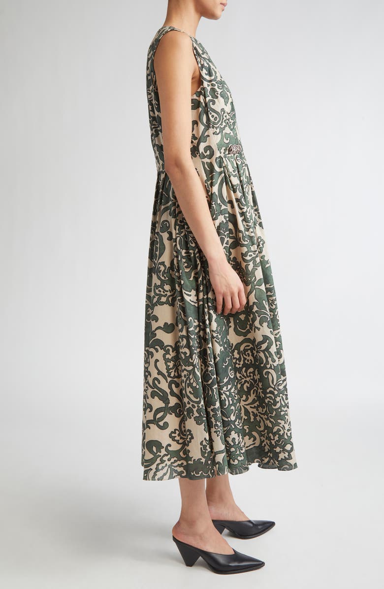 Max Mara Venice Print Pleated Cotton Voile Dress, Alternate, color, Kaki