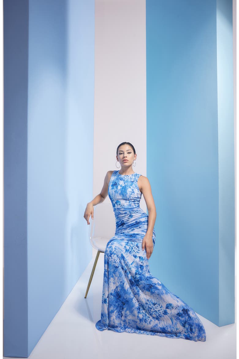 Violetta Plissé Floral Print Trumpet Gown, Alternate, color, CERULEAN BLUE MULTI