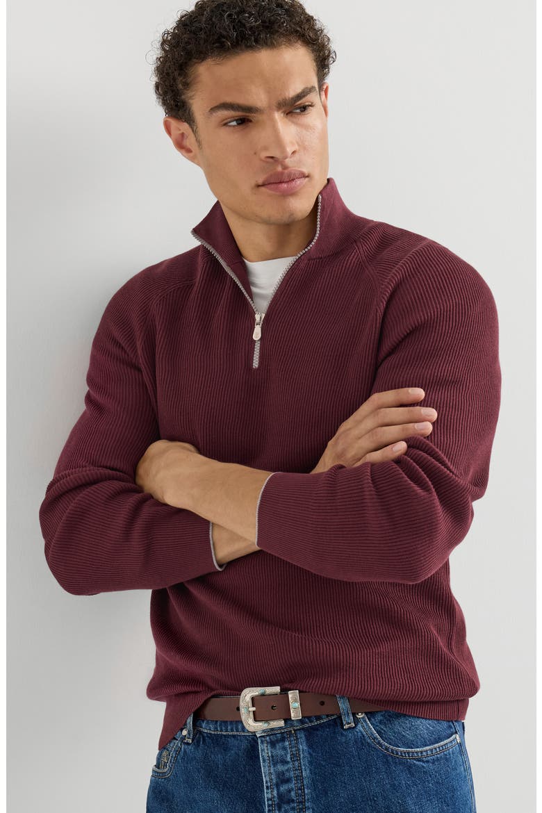 Cotton English rib sweater with half zip and raglan sleeves, Alternate, color, Burgundy