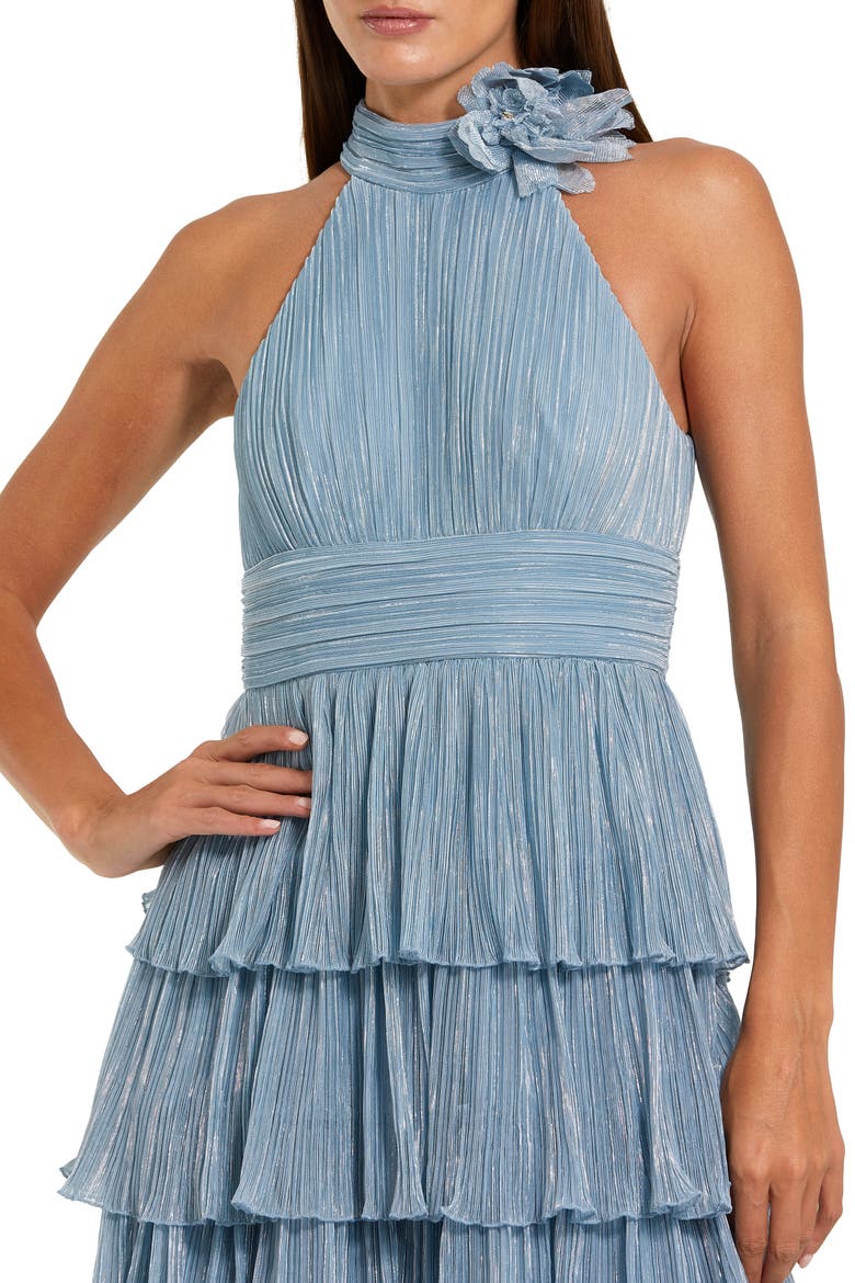 Pleated Metallic Tiered Gown with 3D Flower, Alternate, color, Powder Blue