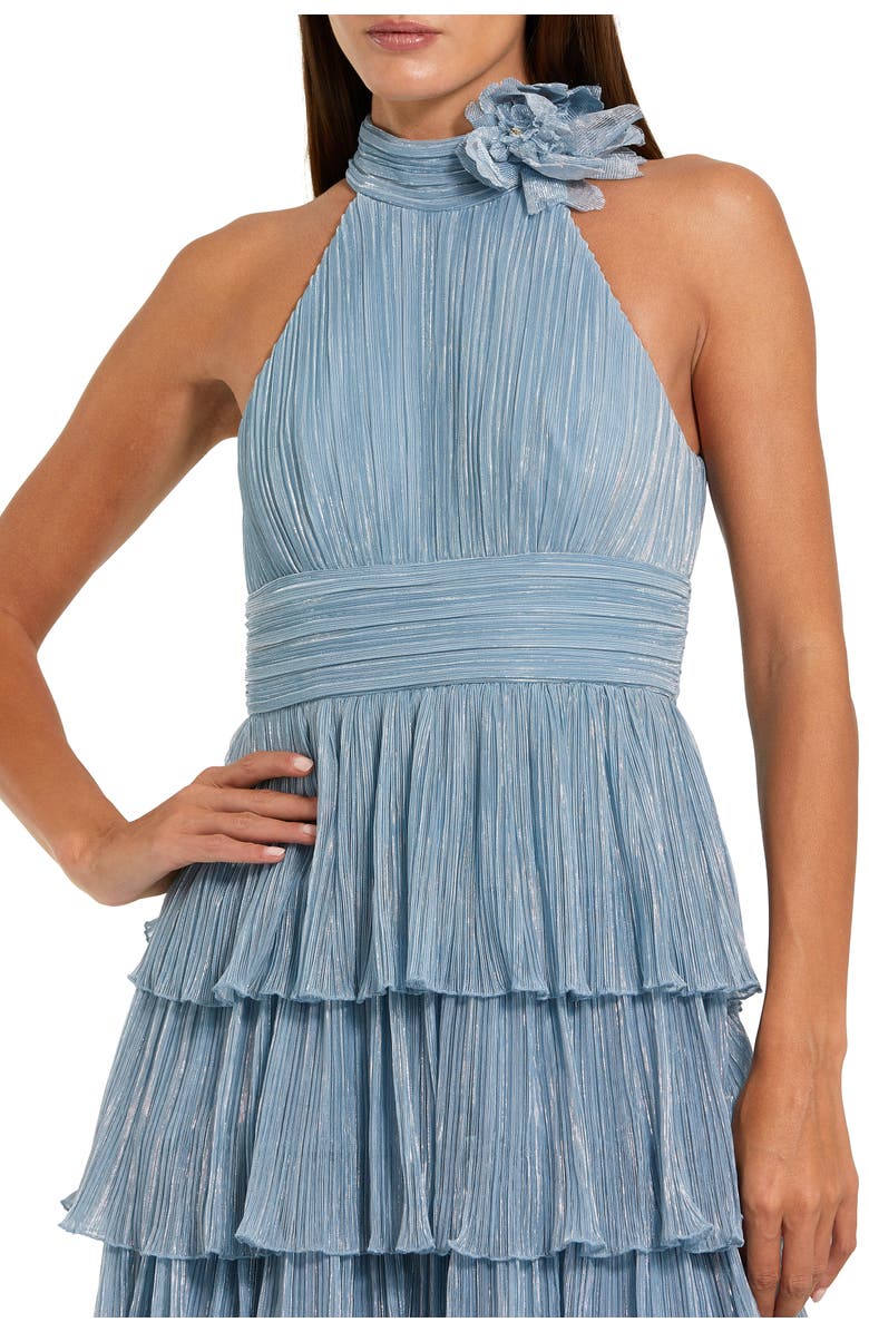 Mac Duggal Pleated Metallic Tiered Gown with 3D Flower, Alternate, color, Powder Blue