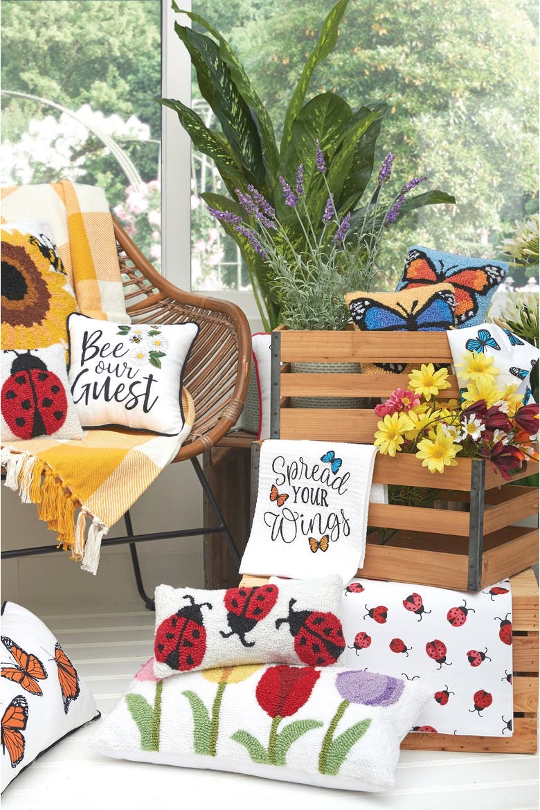 Sunflower & Bee Hooked Accent Pillow, 18" x 18", Alternate, color, White