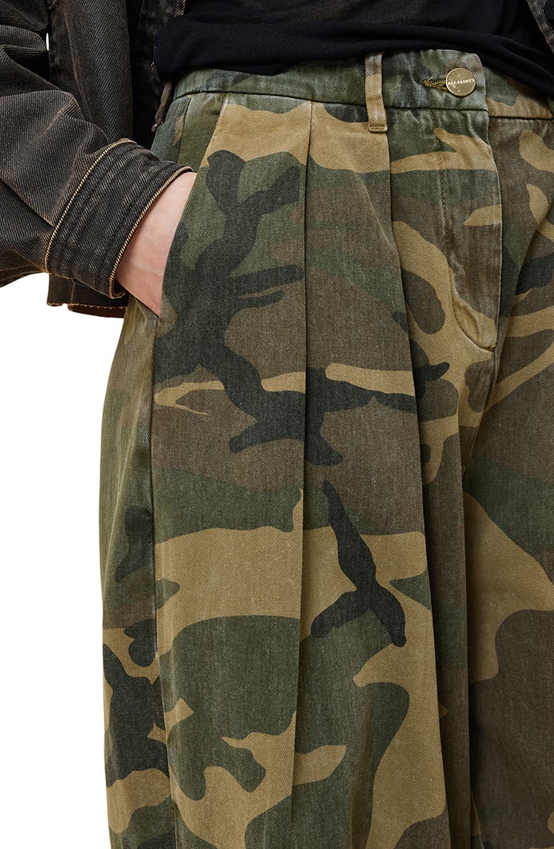 AllSaints Becca Camo Pleated Cotton Trousers, Alternate, color,
