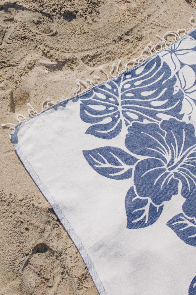 Hibiscus Flower Sand Resistant Organic Turkish Towel, Alternate, color, Navy