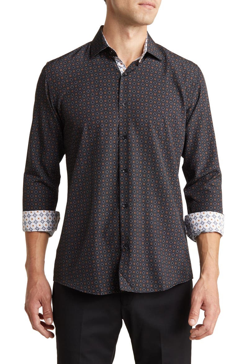 Slim Fit Geometric Print Performance Button-Up Shirt, Main, color, BLACK