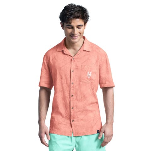 Men's Margaritaville Coral New York Mets Linen Party Button-Up Shirt
