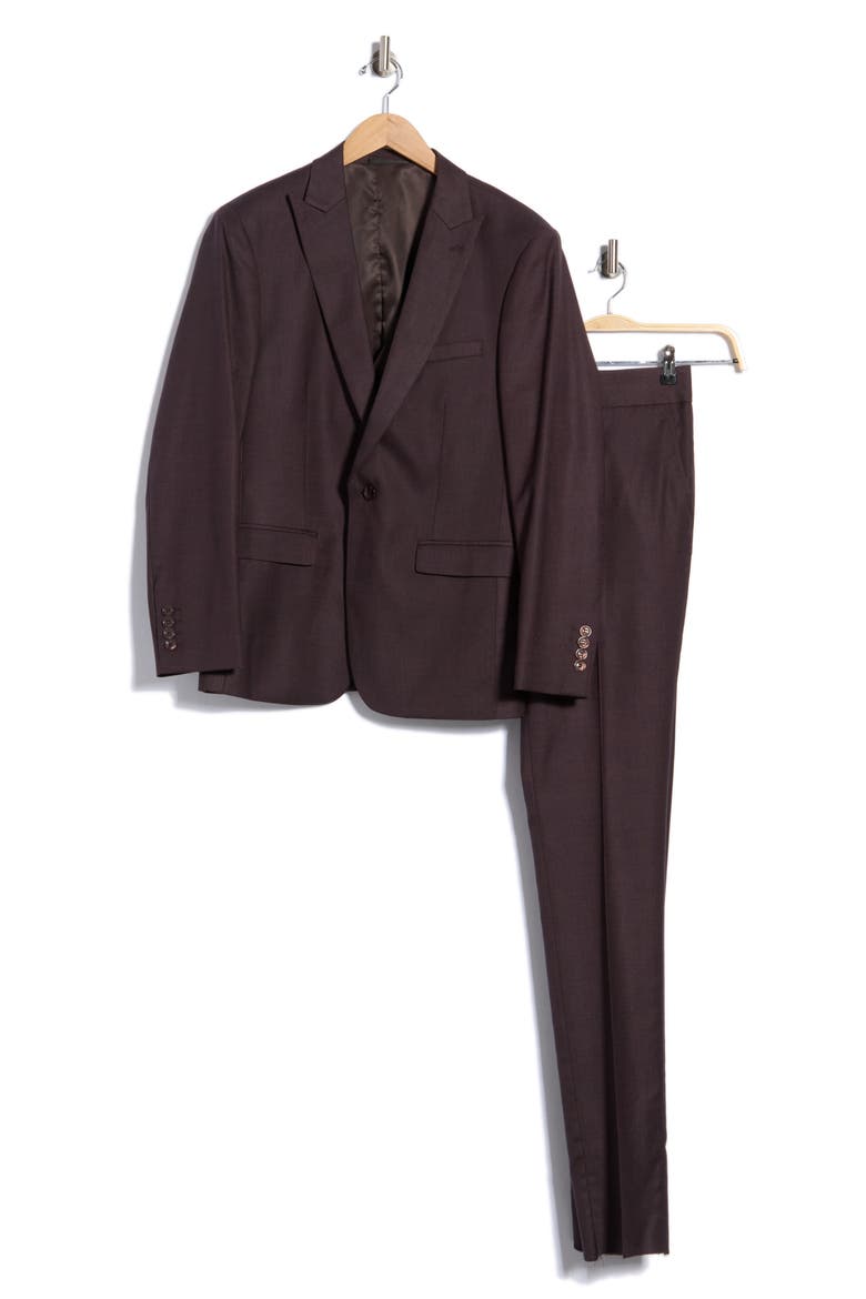 Sharkskin Peak Lapel 3-Piece Suit, Alternate, color, GRAPE