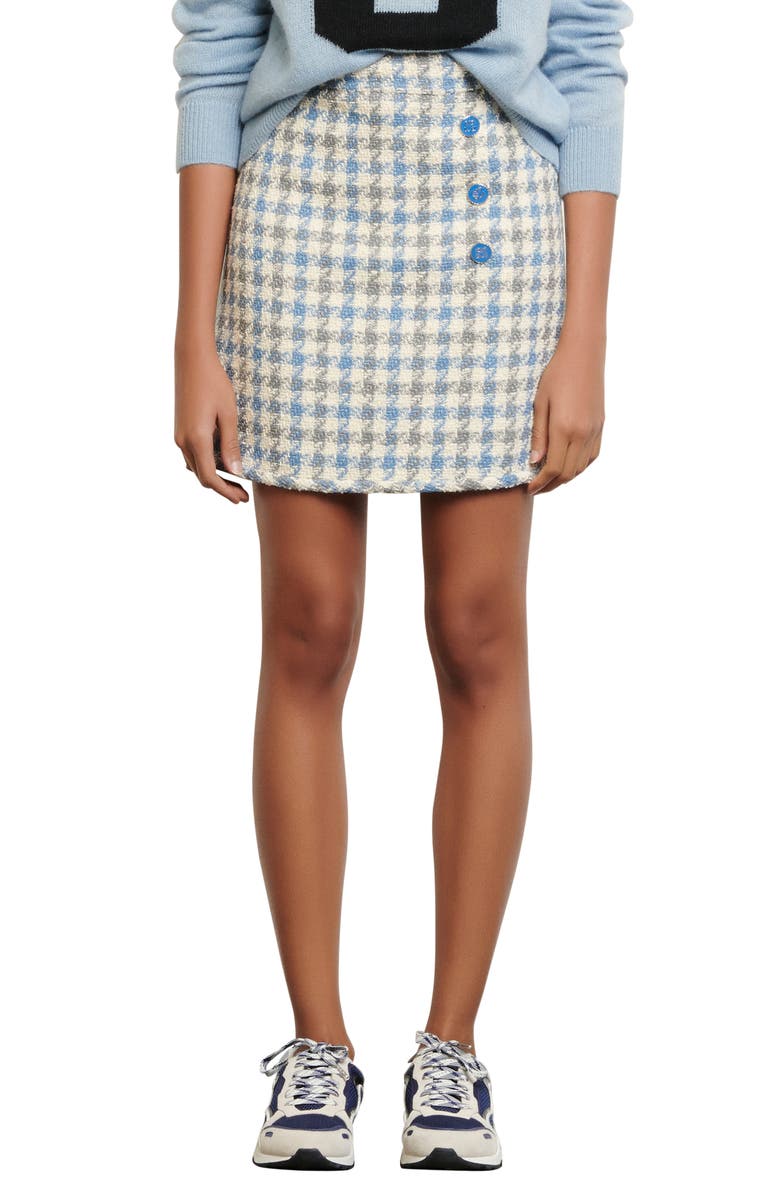 SANDRO Houndstooth Tweed Skirt, Main, color, Sky Blue