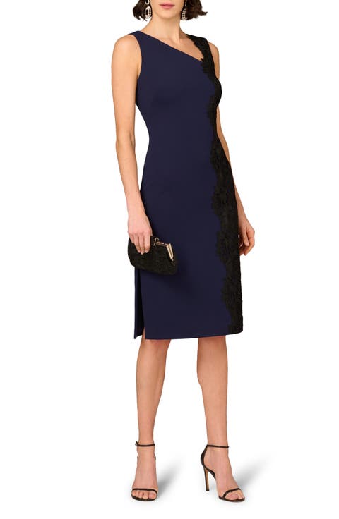Lace Trim Crepe Midi Cocktail Dress