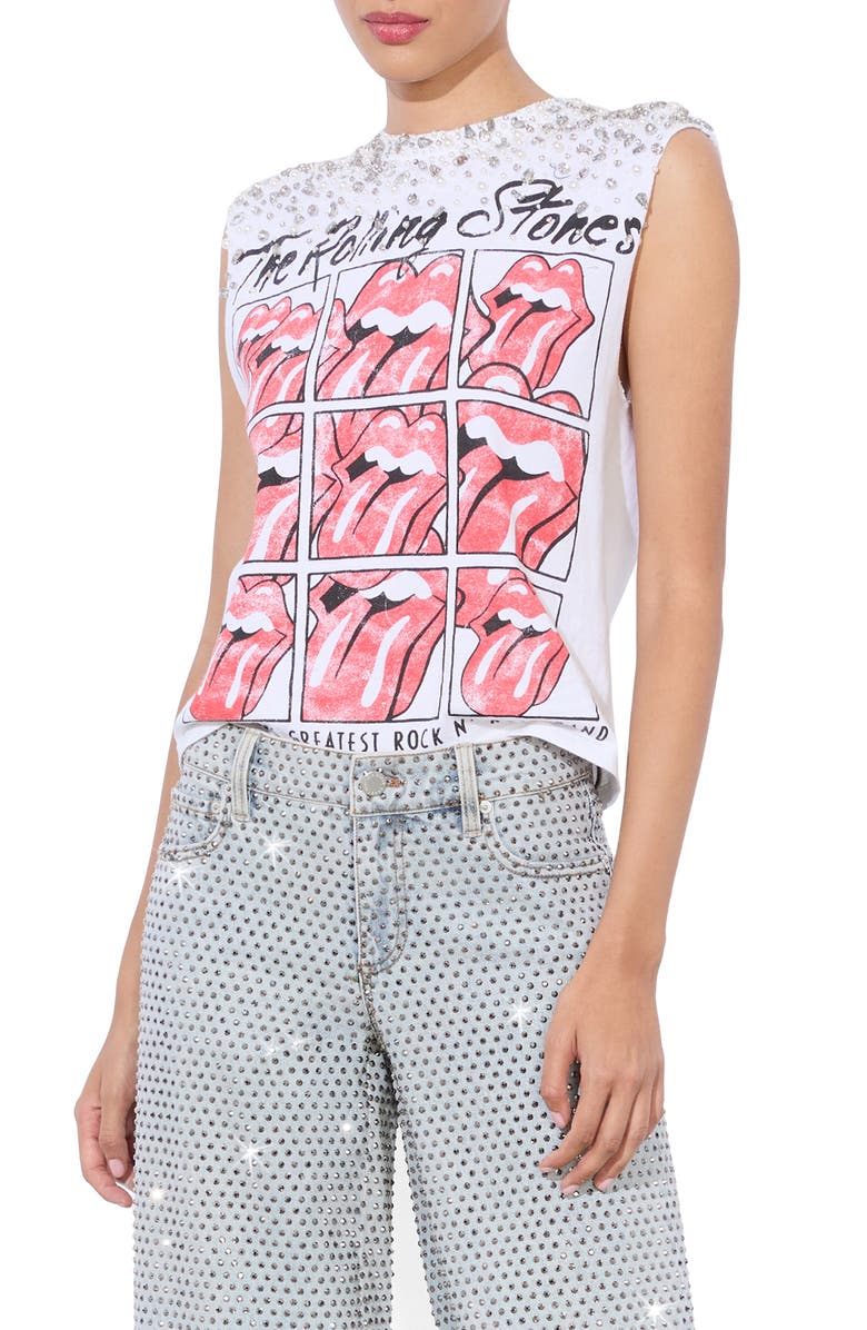 Alice + Olivia Micah Crystal Detail Rolling Stones Graphic Muscle T-Shirt, Alternate, color, Off White Multi