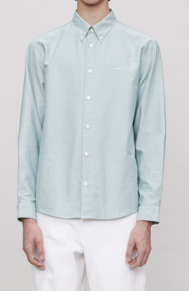 A.P.C. Chemise Greg Stripe Organic Cotton Button-Down Shirt, Alternate, color, Kac Almond Green