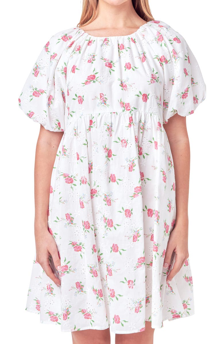 English Factory Floral Cotton Eyelet Babydoll Dress, Alternate, color, White Multi