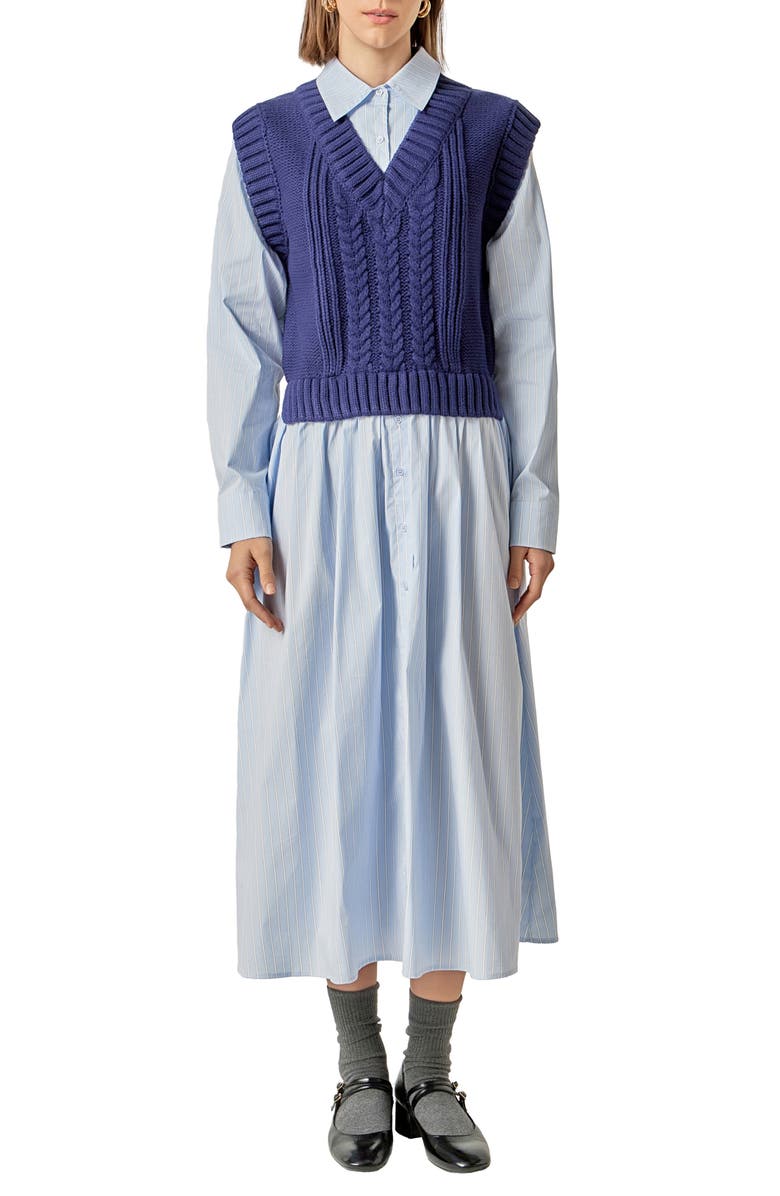 English Factory Vest Mixed Media Maxi Shirtdress, Main, color, Dark Navy
