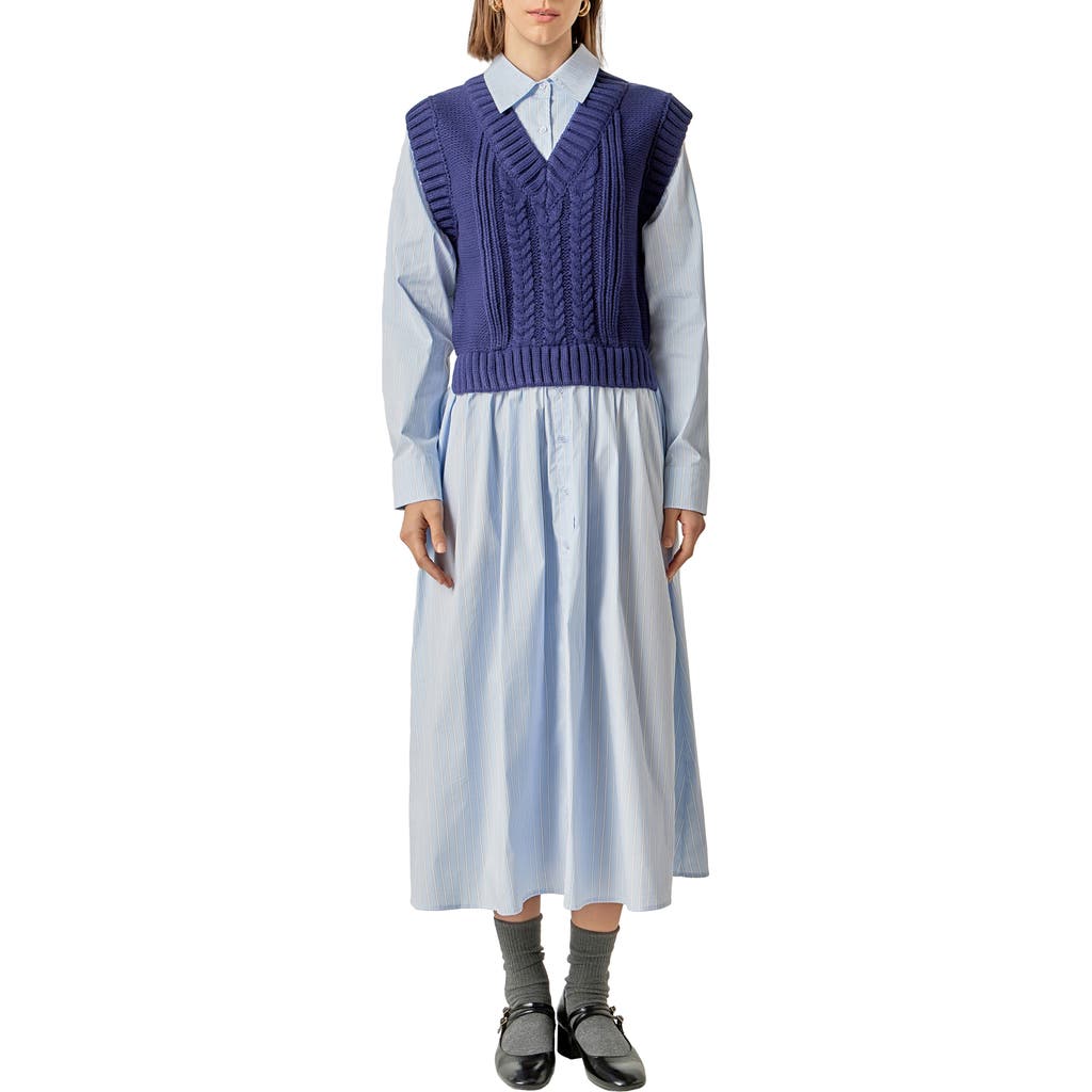 English Factory Vest Mixed Media Maxi Shirtdress In Blue