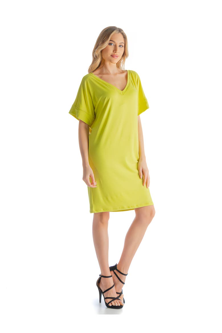 Solid Color Loose Fit V-Neck T Shirt Style Knee Length Dress, Alternate, color, Lime