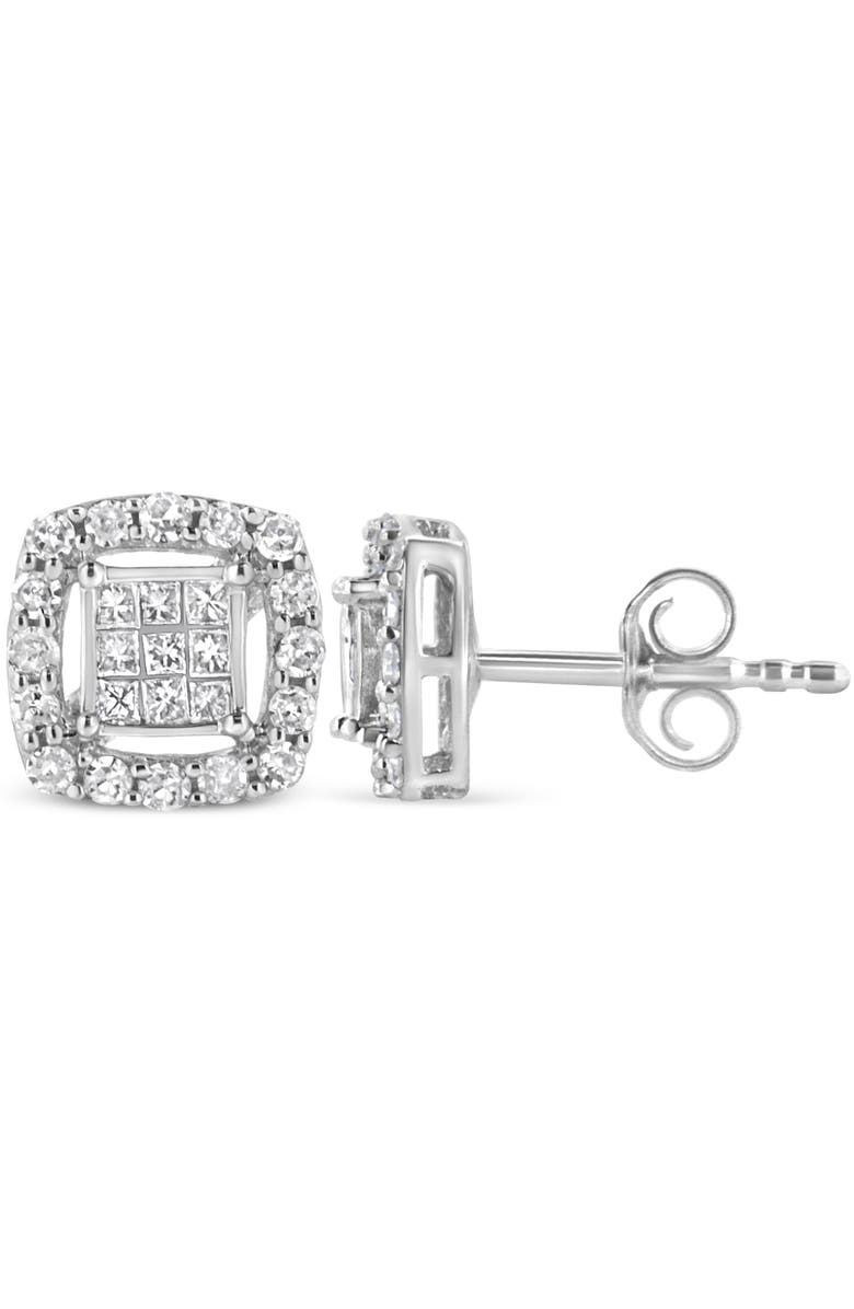 Haus of Brilliance Silver 1/2 Ct Round and Princess Stud Earrings, Alternate, color, White