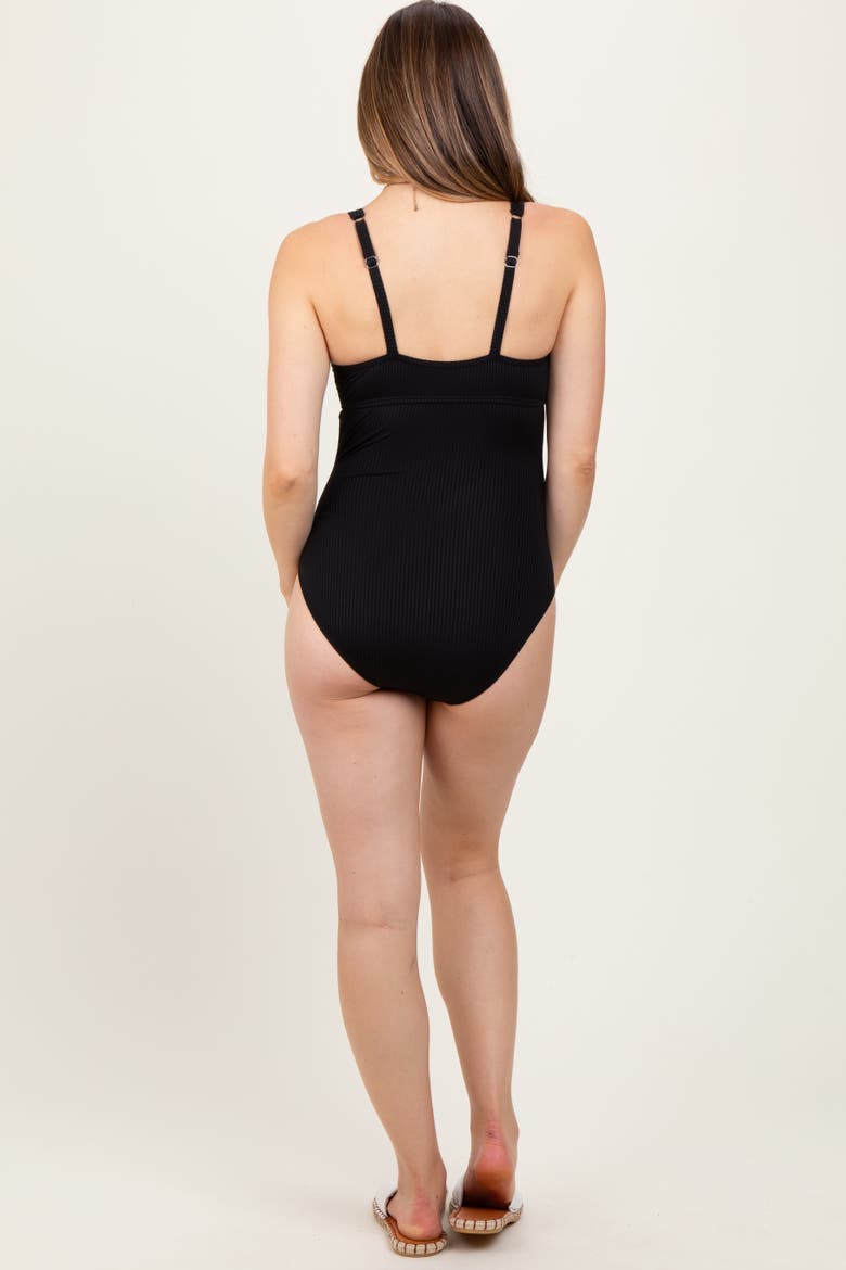 Ribbed Split Neckline Swimsuit, Alternate, color, Black
