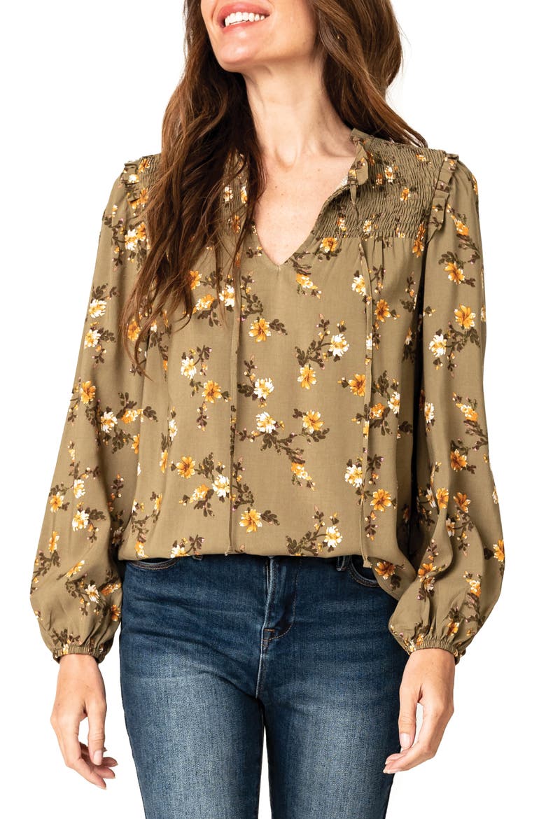 Tie Neck Long Sleeve Smoked Yoke Blouse, Main, color, OLIVE FALL FLORAL