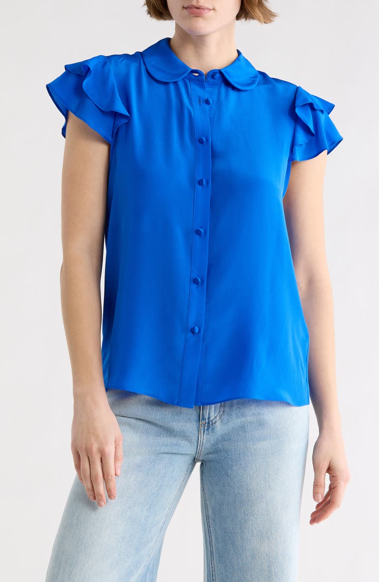 Alice + Olivia Ziggy Ruffle Cap Sleeve Silk Blend Top, Main, color, Sapphire