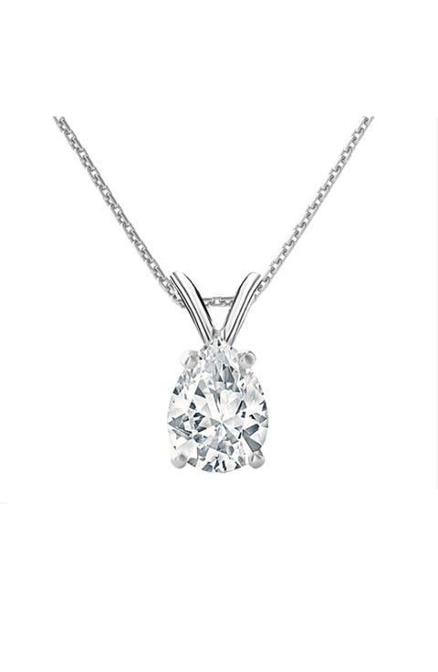 14k White Gold Pear Shape Lab-grown Diamond Solitaire Pendant Necklace W/ 18" Chain