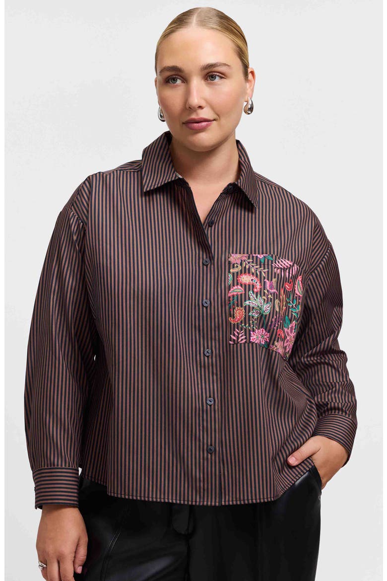 Marina Contrast Pocket Stripe Cotton Poplin Button-Up Shirt, Alternate, color, BROWN MULTI