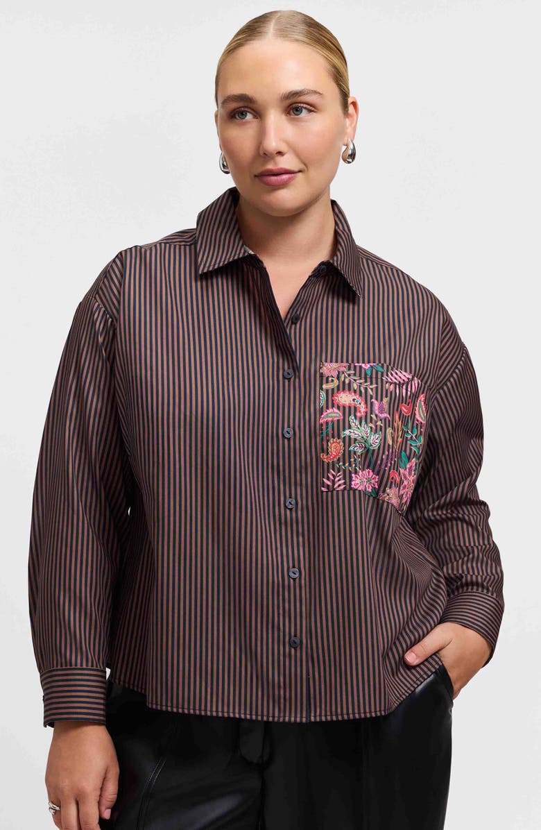 Foxcroft Marina Contrast Pocket Stripe Cotton Poplin Button-Up Shirt, Alternate, color, Brown Multi