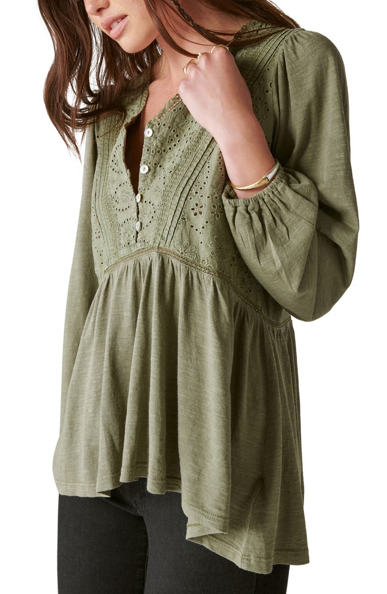 Lucky Brand Eloise Eyelet Accent Cotton & Modal Knit Peasant Blouse, Alternate, color,