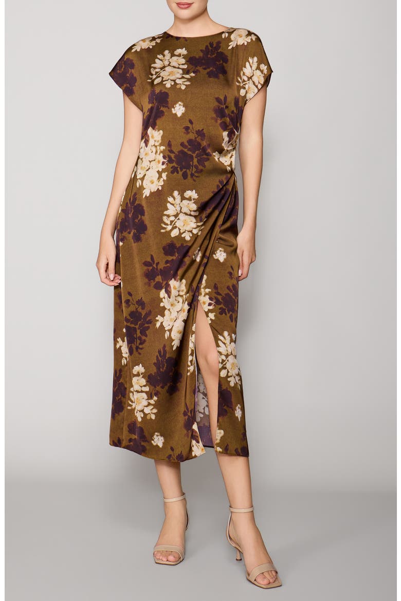 Cap Sleeve Satin Midi Dress, Main, color, CUMIN MULTI