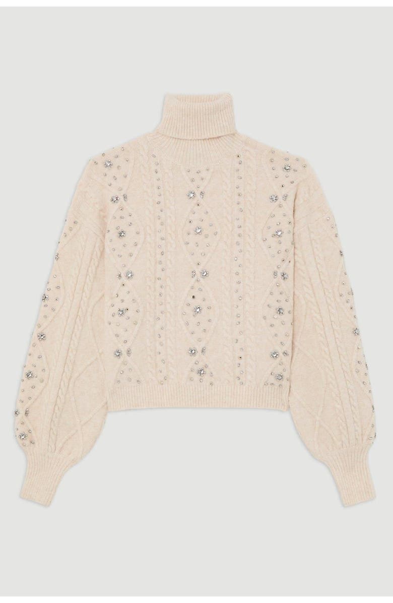 Karen Millen Wool Blend Embellished Cable Knit Jumper, Alternate, color, Cream