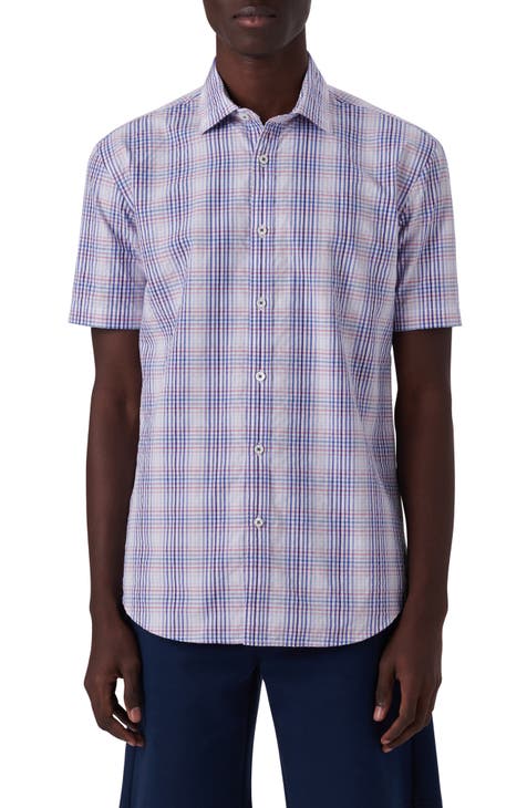 Plaid Short Sleeve Cotton Seersucker Button-Up Shirt