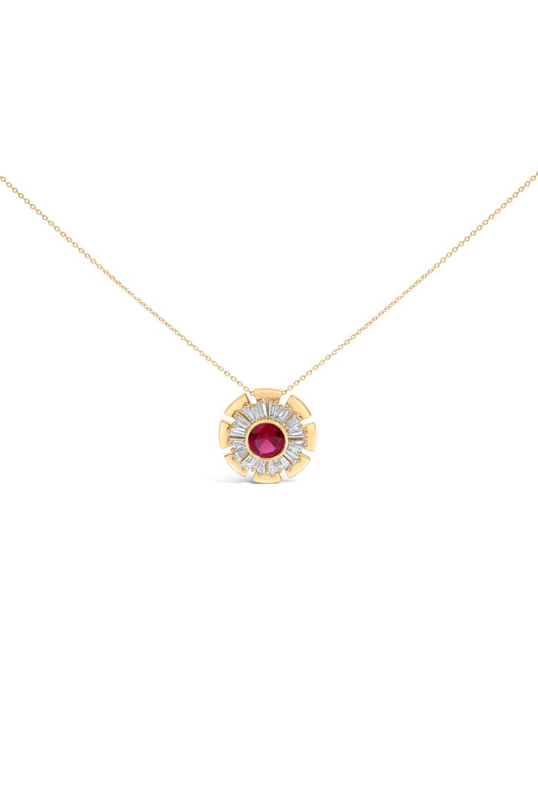 14K Yellow Gold Plated Silver Created Red Ruby and Diamond Baguette Medallion Pendant Necklace, Main, color, Yellow Gold over Silver