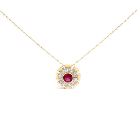 14K Yellow Gold Plated Silver Created Red Ruby and Diamond Baguette Medallion Pendant Necklace