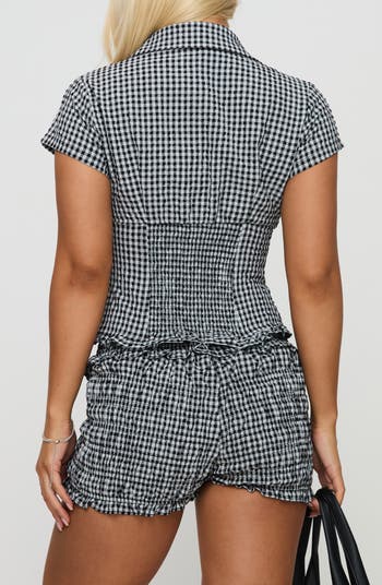 Covey Check Smocked Puff Sleeve Crop Shirt