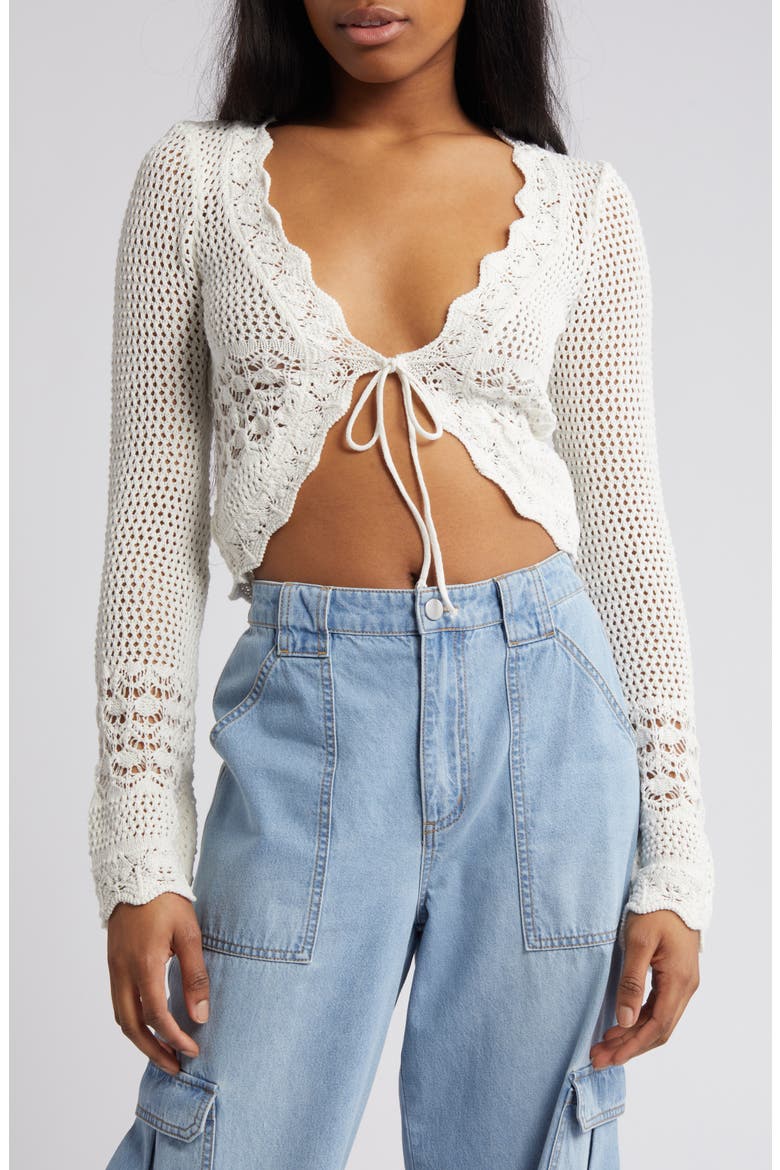 Open Stitch Tie Front Crop Cardigan, Main, color, ECRU