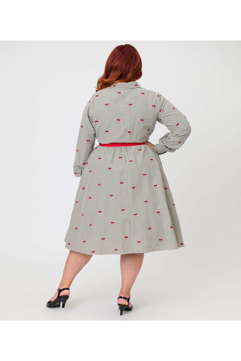 Plus Size Long Sleeve Belted Shirt Dress, Alternate, color, Grey Gingham Cherry Print