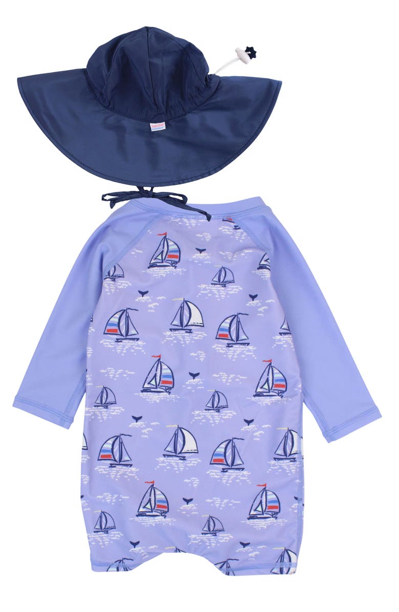 RuggedButts Seas the Day One-Piece Rashguard Swimsuit & Bucket Hat Set, Alternate, color, Blue