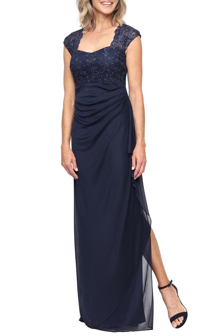 Sequin & Beaded Empire Waist Gown, Main, color, NAVY