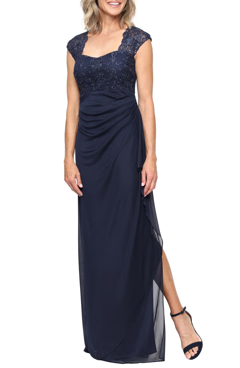 Alex Evenings Sequin & Beaded Empire Waist Gown, Main, color, Navy