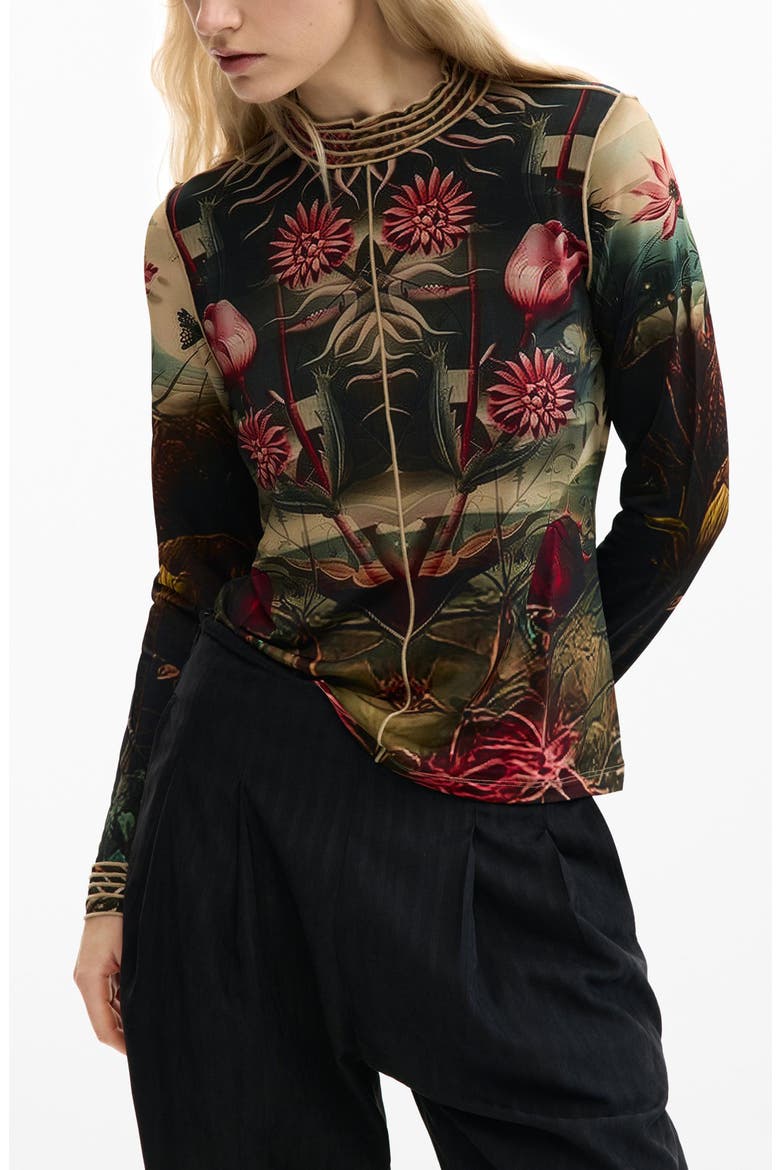 Floral Print Long Sleeve T-Shirt, Main, color, BLACK