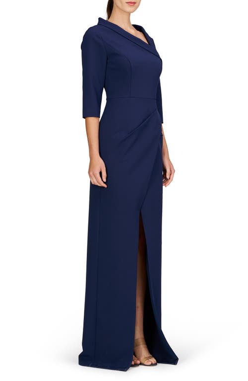 Kay Unger Helena Asymmetric Neck Gown In Midnight Blue