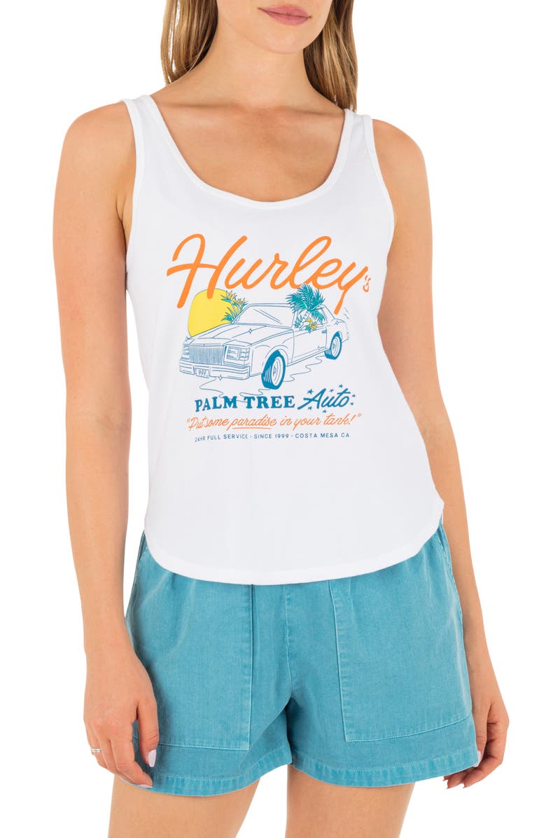 Hurley Palm Tree Auto Scoop Hem Cotton Graphic Tank Top, Main, color, White