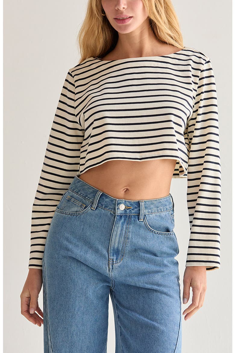 Striped Boatneck Crop Knit Top, Main, color, Ivory/Black